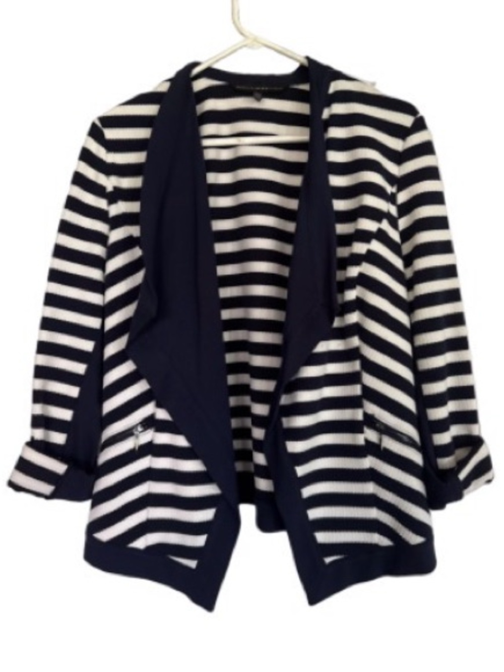 White House Black Market Navy and White Striped Open-Front Cardigan